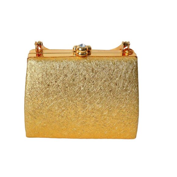Vintage Gold Lame Pillbox Purse Rhinstone Clasp - Picture 4 of 7